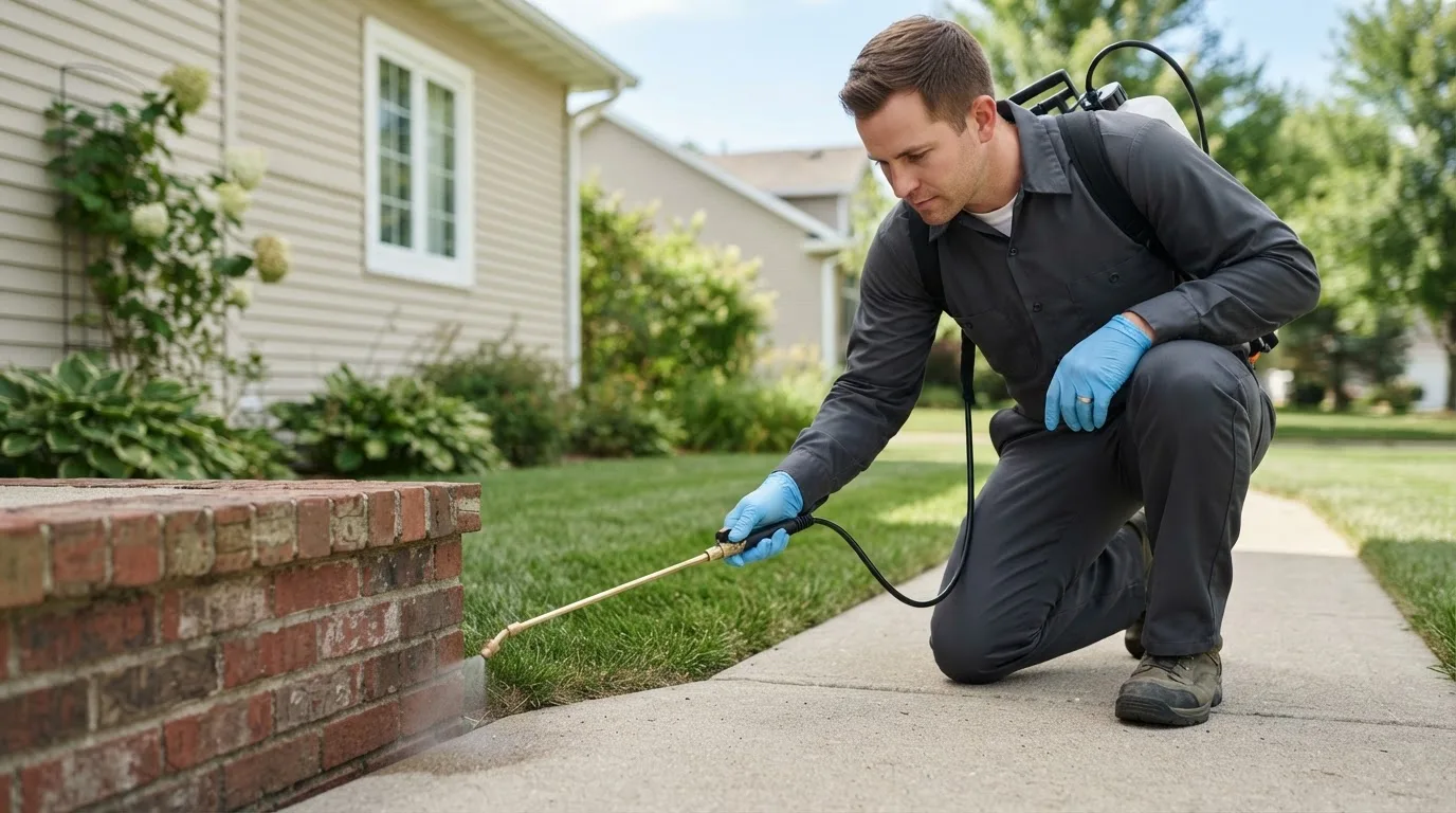 Pest control technician treating a home near Buffalo Center, IA