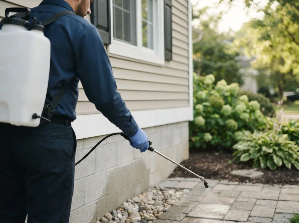 Pest control technician inspecting a home in Buffalo Center, IA
